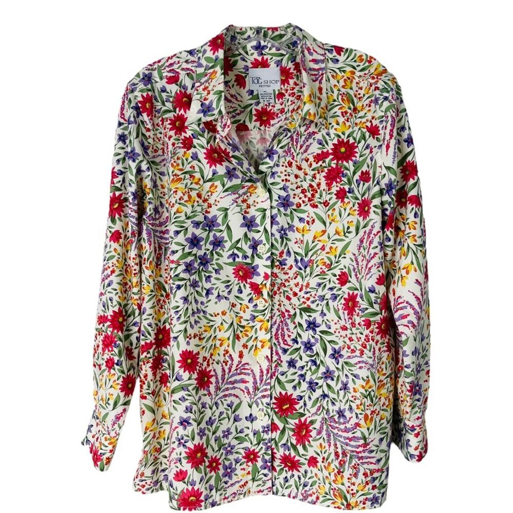 Vintage cream pink green floral cottagecore button front office shirt top PL